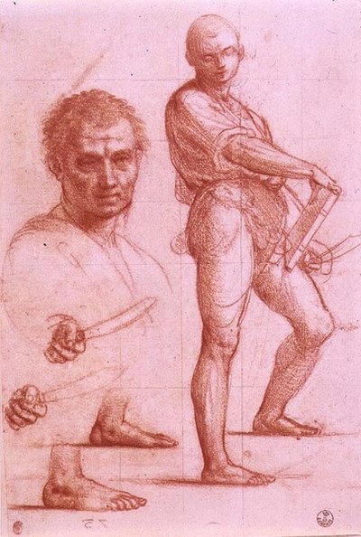 Study of a Male Holding a Sword and a Book, the Sword and Feet Rehearsed Twice, and a Male Head by Fra Bartolomeo