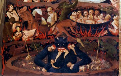 The Last Judgment: detail of the Underworld. Damned in the infernal circles, tortures by demons. Detail of a tempera on wood by Guido di Pietro (or Fra Giovanni da Fiesole) called Fra Angelico or il Beato by Fra  Angelico