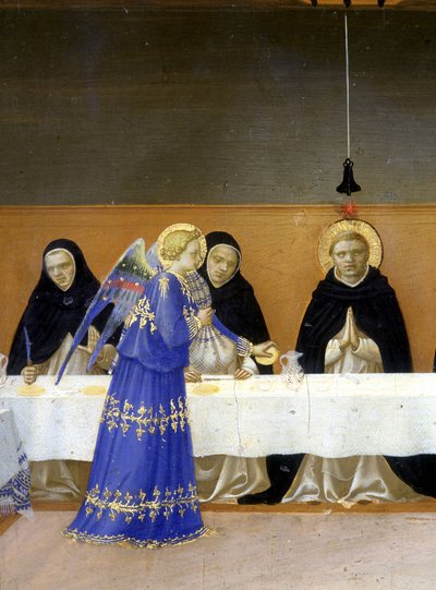The meal of the monks served by the angels - the lower part (the predelle) of the Coronation of the Virgin representing Christ at the tomb and six episodes of the life of Saint Dominica, founder of the order to which the Angelicode belonged by Guido di P by Fra  Angelico