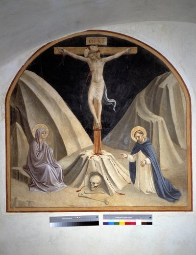 Crucifixion with the Virgin Mary and Saint Dominic. Inscription "INRI" on the Cross by Fra Angelico