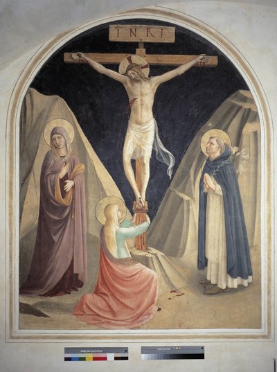 The Crucifixion with Saint Dominic, the Virgin Mary and Saint Mary Magdalene. Inscription 