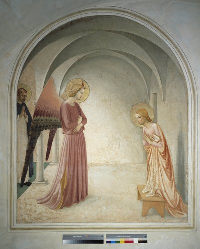 The Annunciation. Saint Peter Martyr Stands Behind the Archangel Gabriel Announcing to the Virgin Mary. Fresco by Guido di Pietro by Fra Angelico