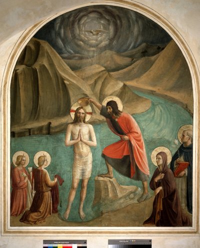The Baptism of Christ by Saint John the Baptist - Fresco by Guido di Pietro by Fra Angelico