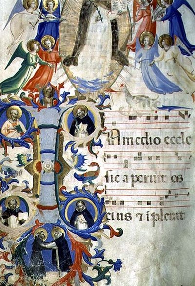 St. Dominic surrounded by musician angels above an historiated initial I depicting (clockwise) SS. Augustine, Ambrose, Peter Martyr, Gregory and Jerome, from a Gradual, early 1430s by Fra Angelico