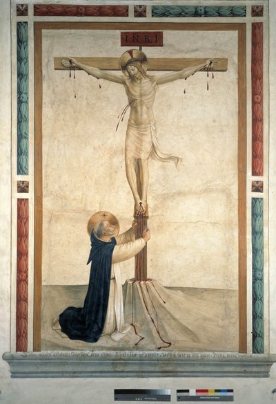 The crucifixion with Saint Dominic. Inscription "INRI" on the Cross, 1442 by Fra Angelico