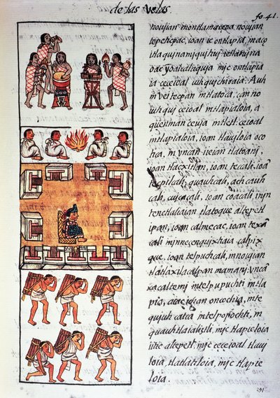 Aztec society, musicians, king and merchants, text in Nahuati, from facsimile of manuscript General History of Things of New Spain, also known as Florentine Codex, by Bernardino de Sahagun by Fra Bernadino da Sahagun