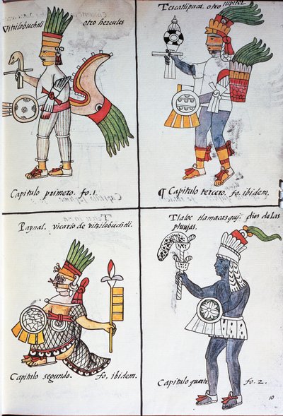 Gods of Ancient Mexicans: Huitzilopochtli, Tezcatlipoca, Tlaloc and Paynal by Fra Bernadino da Sahagun