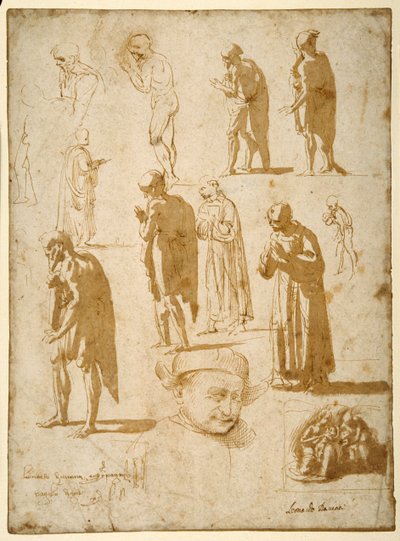 Studies of male figures, nude and draped, including two in monkish garb by Fra Diamante