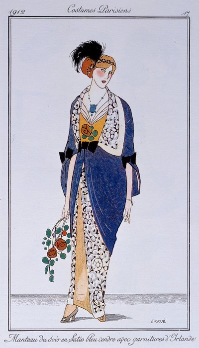 Parisian Costumes: Ash Blue Satin Evening Coat with Irish Trim by Francesc Xavier Gosé