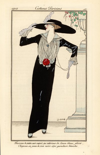 Woman in Black Satin Sheath Dress, Black Silk Hat by Francesc Xavier Gosé
