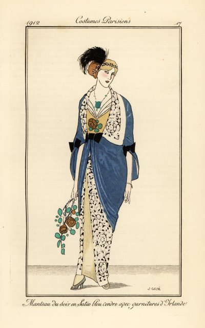 Woman in Evening Gown of Ash Blue Satin with Irish Lace by Francesc Xavier Gosé