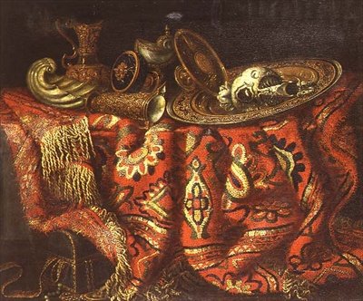 A nautilus cup, a paten, ewers and a gilt dish on a carpet draped over a ledge by Francesco (circle of) Fieravino