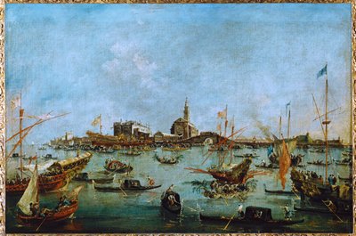 The Doge, in his golden gondola, the Bucintoro, passes San Niccolo del Lido by Francesco (circle of) Guardi