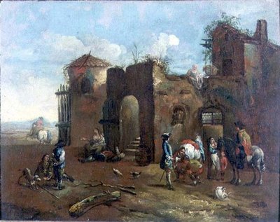 Travellers halted at a rustic farrier