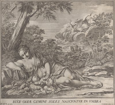 Latona and her sleeping twins, Apollo and Diana, within a landscape, 1705 by Francesco Antonio Meloni