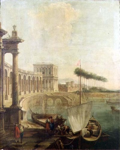 A capriccio, harbour with figures loading a ferry by Francesco Battaglioli