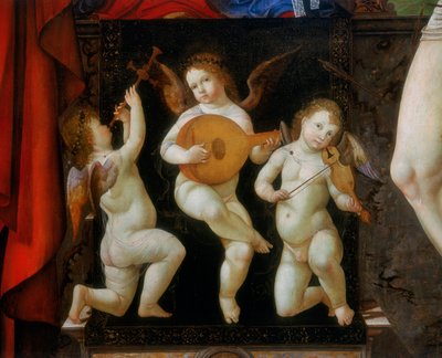 Three Musical Angels, (detail) of the Altar Piece of the Madonna Enthroned with Saints Jerome and Sebastian, by Francesco Bianchi Ferrari, Church of San Pietro, Modena by Francesco Bianchi Ferrari