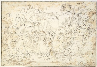 Shepherds with Goats, Sheep, a Cow, and a Shepherd Dog by Francesco Castiglione