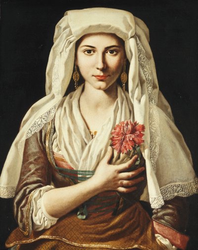 Portrait of a Young Woman, three-quarter length, Holding a Carnation by Francesco Cozza
