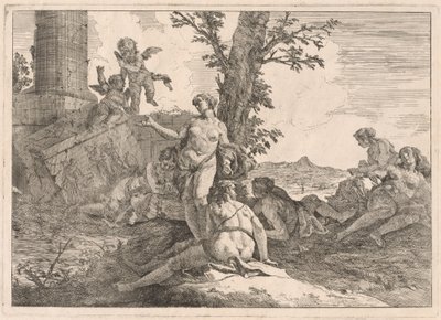 Six Nymphs and Two Cupids in a Landscape by Francesco Fontebasso