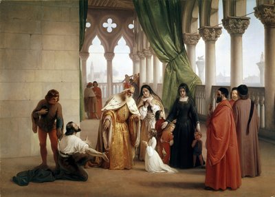 The Two Foscari: Francesco Foscari, Doge of Venice banishing his son Jacopo on the charge of treasonable correspondence while in exile by Francesco Hayez