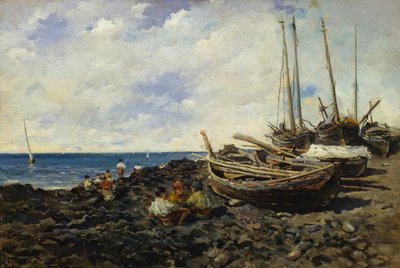 Fishermen with boats on shore by Francesco Lojacono