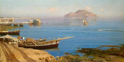Marina with Boat and Fishermen by Francesco Lojacono