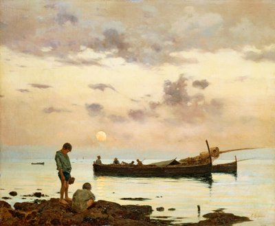 Marina with Fishing Boat and Boys, by Francesco Lojacono by Francesco Lojacono