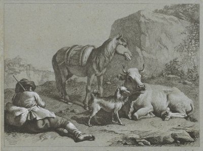 Reclining Shepherd with Horse, Cow, and Dog (series title: Shepherd Scenes) by Francesco Londonio