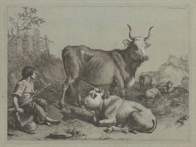 Seated Shepherd with a Bull and Bullock, 1763 by Francesco Londonio