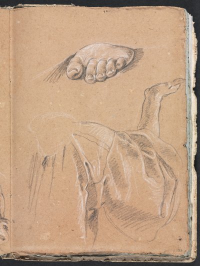 Verona Sketchbook: Study of a left foot and drapery study with right arm (page 79) by Francesco Lorenzi