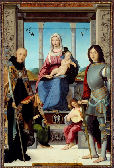 The Virgin and Child Surrounded by Saint Benedict of Nursie and Saint Quentin with Two Angels by Francesco Marmitta