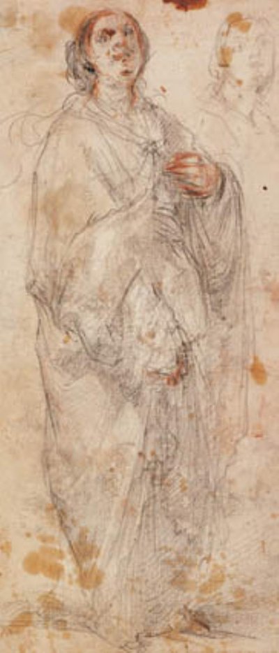 Heavily Draped, Standing Woman Looking Upwards, and a Sketch for Her Head by Francesco Montelatici