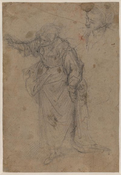 Heavily Draped, Standing Woman Turned to the Right and Looking Down with Her Right Arm Stretched Out, and a Sketch for a Head by Francesco Montelatici