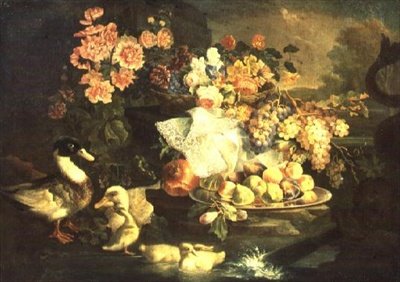 Still Life of Fruit and Flowers with a Duck, Drake and Ducklings by Francesco Morosini