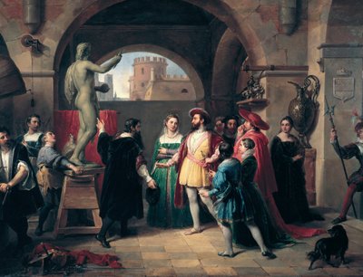 King Francis I of France (1494-1547) visits the workshop of Benvenuto Cellini (1500-1571) in Rome. The painter presents the king with a sculpture of Saint John the Evangelist by Francesco Podesti