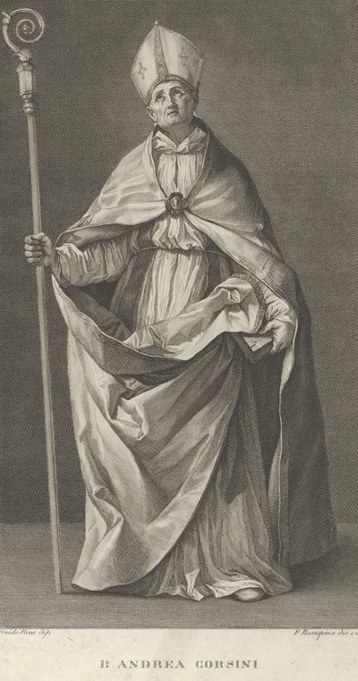 Saint Andrea Corsini dressed as Bishop of Fiesole, holding a crosier and looking, ca. 1780-1841 by Francesco Rosaspina