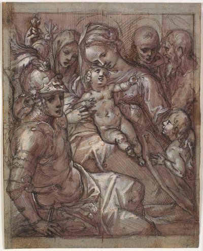 Virgin Mary and Child with Young John the Baptist, Bernardino of Siena (?), Catherine of Siena, Archangel Michael and a Bearded Saint by Francesco Rustici