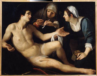 Saint Sebastian. He is treated for his wounds by a young widow, Saint Irene. Painting by Francesco Rustici (c.1575-1626) by Francesco Rustici