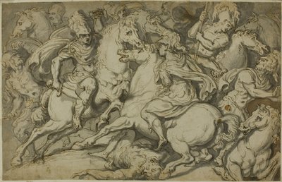 Cavalry Skirmish (front); Kneeling Ecorché (back) by Francesco Salviati