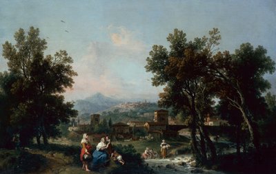 A Wooded Landscape with Washerwomen by a River by Francesco Zuccarelli
