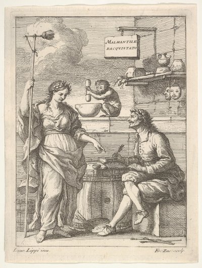 A Monkey Working a Mortar and Pestle, Below Lorenzo Lippi Writing His Humorous... by Francesco Zuccarelli