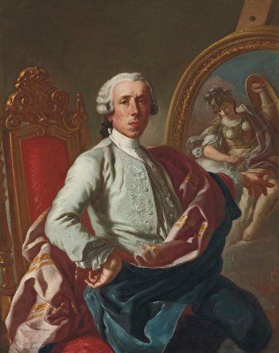 Portrait of the Artist, Three-Quarter-Length, Seated, Holding a Pencil, at an Easel with a Picture of Minerva by Francesco de Mura