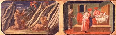 St. Francis of Assisi Receiving the Stigmata, SS. Cosmas and Damian Healing a Sick Man; Copies of Original Panels Forming Part of the Predella to the Madonna and Child Enthroned by Filippo Lippi by Francesco di Stefano Pesellino