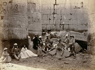 Group Photograph in the Hall of Columns, Karnak, Thebes by Francis Bedford