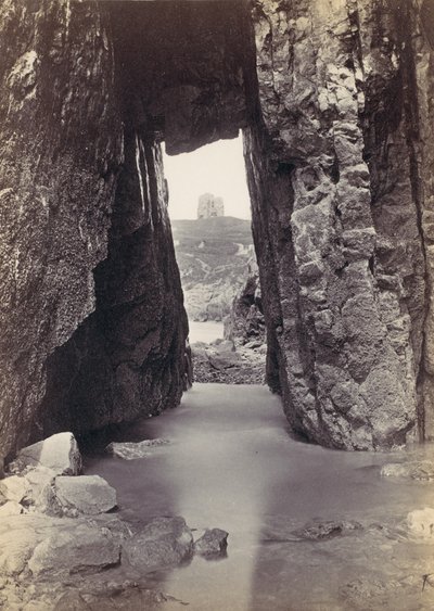 View Through Rocks of Tower On Hill by Francis Bedford