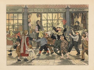 Fireworks Store - Victorian Children Pulling a Guy in a Cart on Guy Fawkes Night in Front of L. Squibling