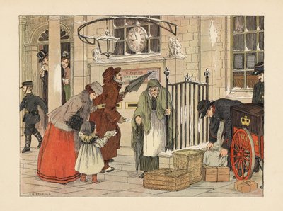 Victorian people posting letters near Christmas Day at the Post Office. Chromolithograph after an illustration by Francis Donkin Bedford from Edward Verrall Lucas