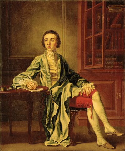 Portrait of Joseph Henry of Straffan, Co. Kildare, Full-Length, Seated at a Table Writing a Letter, in a Blue Coat, Yellow Waistcoat and Red Breeches, Beside a Bookcase by Francis Hayman