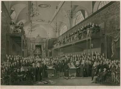 Interior of the House of Lords, Westminster, London, during the important investigation in 1820 by Francis Phillip Stephanoff